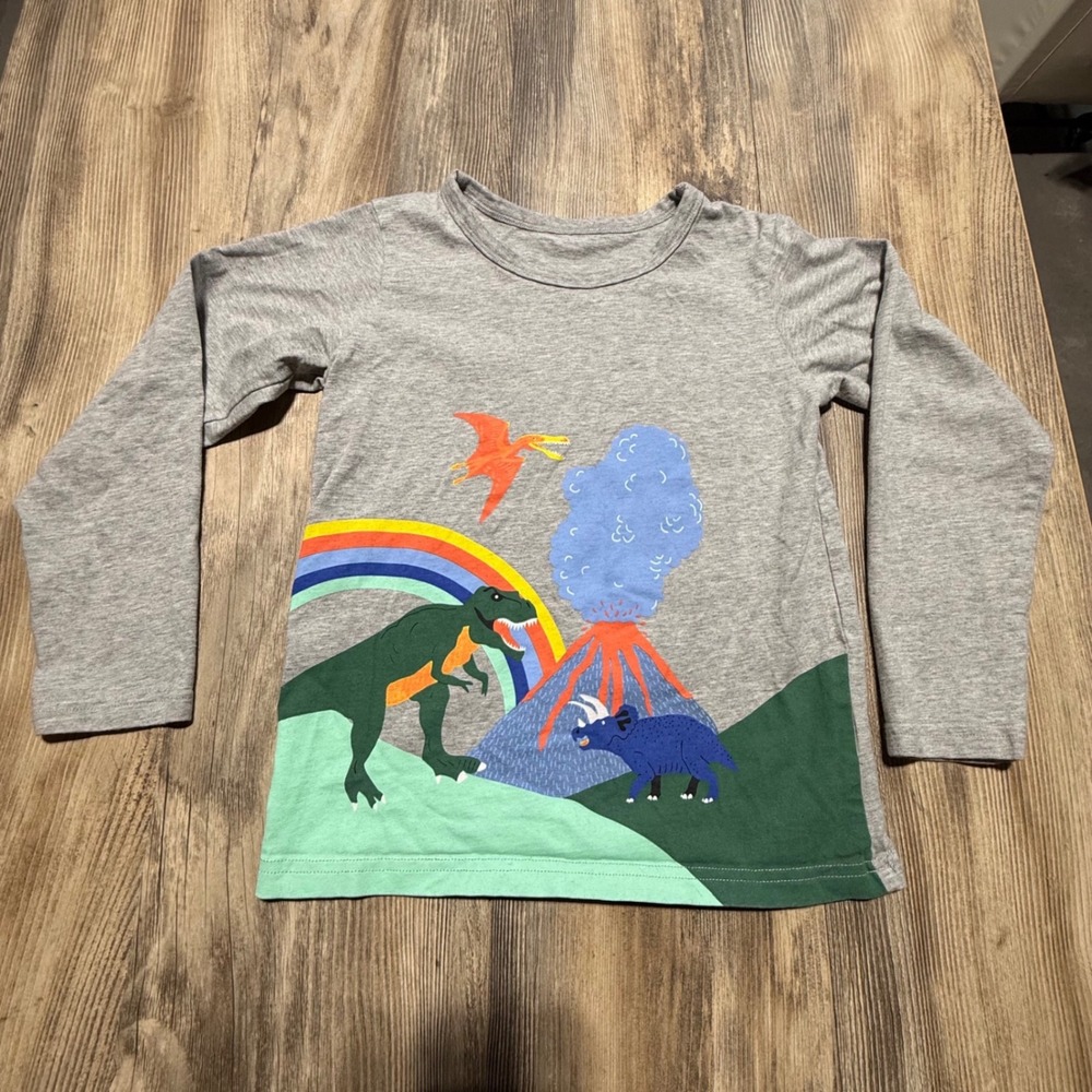 Boutique Style Dinosaur Volcano Rainbow Gray Long Sleeve Tee 7Y
